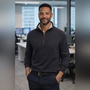 Vintage Tommy Hilfiger Sweater Mens M Sherpa Faux Suede Patch Trim 1/4-Zip Knit